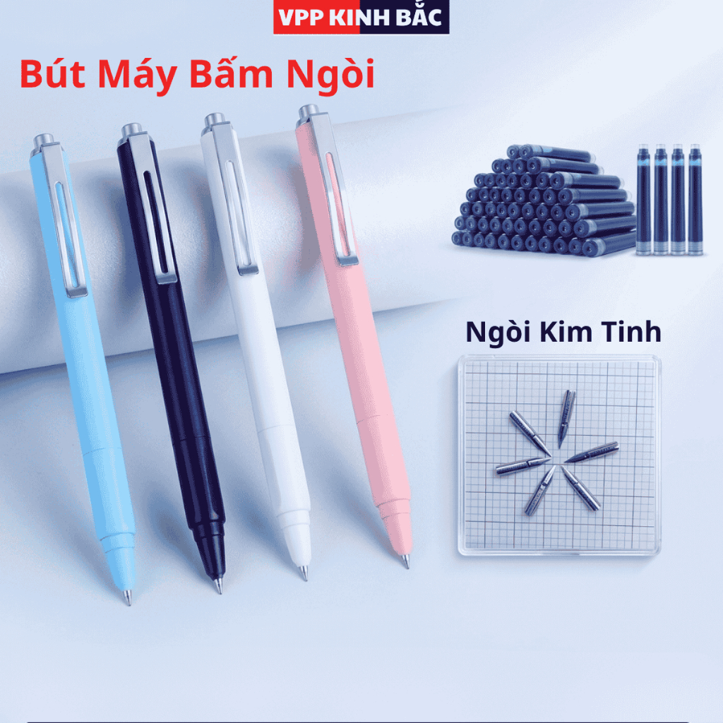 Combo Bút Máy Bấm Kim Tinh Mới  (Tặng 50 ống mực không xóa +pitong hút mực lọ).Nét Chữ 0.38 mm