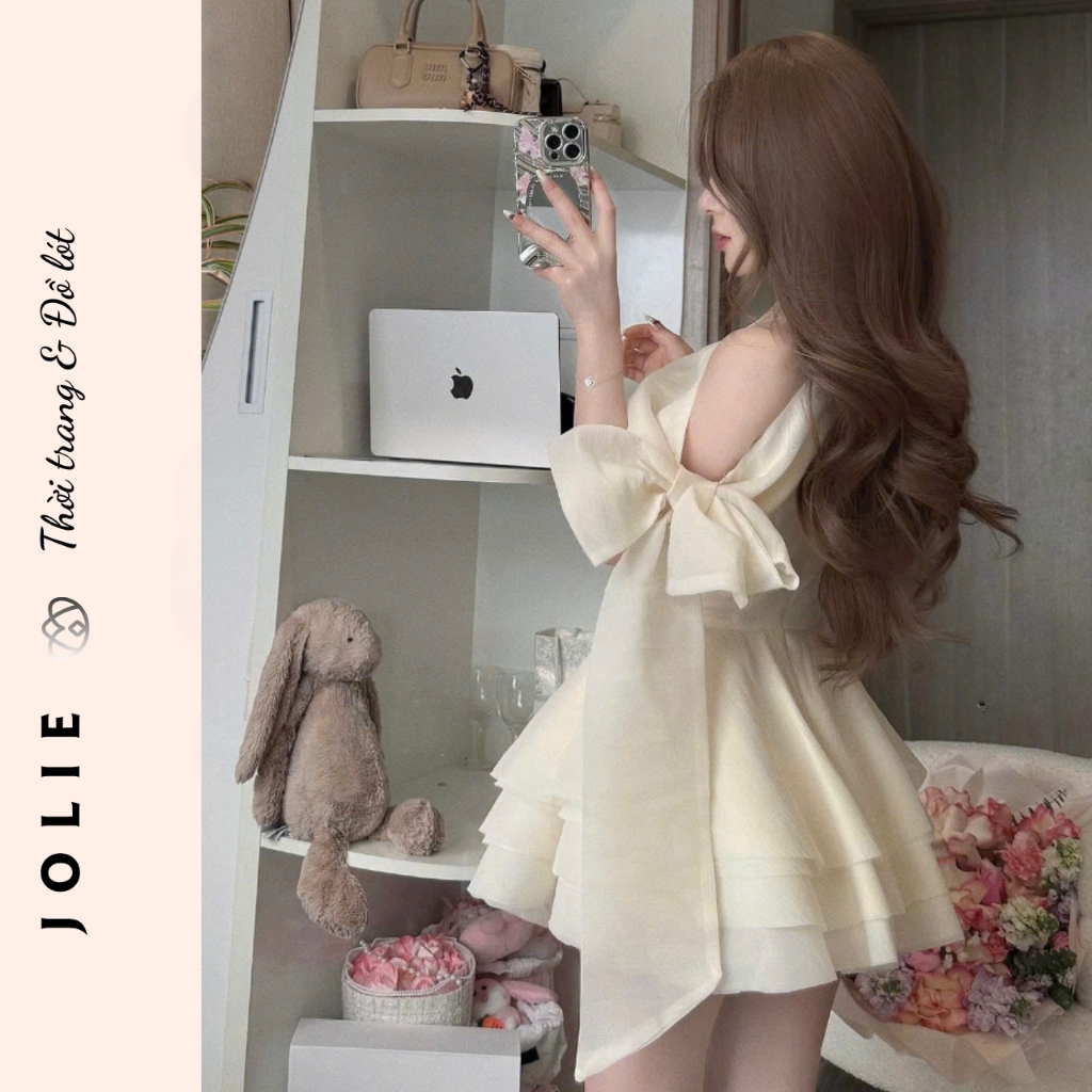 Váy Trắng Công Chúa JOLIE Dáng Xòe Phồng - Đầm Trễ Vai Nơ Lớn Sang Chảnh