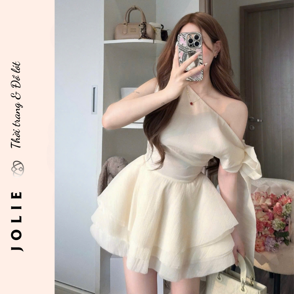 Váy Trắng Công Chúa JOLIE Dáng Xòe Phồng - Đầm Trễ Vai Nơ Lớn Sang Chảnh