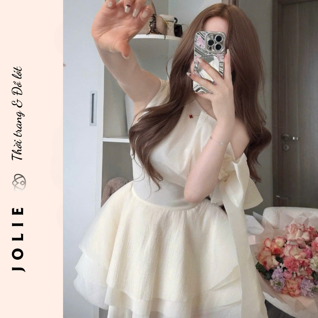 Váy Trắng Công Chúa JOLIE Dáng Xòe Phồng - Đầm Trễ Vai Nơ Lớn Sang Chảnh
