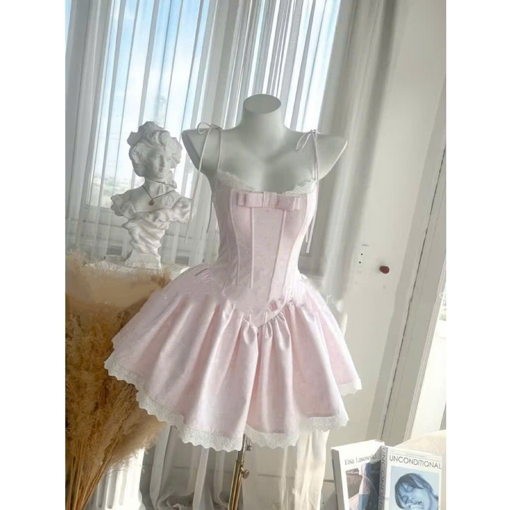 ĐẦM CORSET BABY PINK HAI DÂY PHỐI REN
