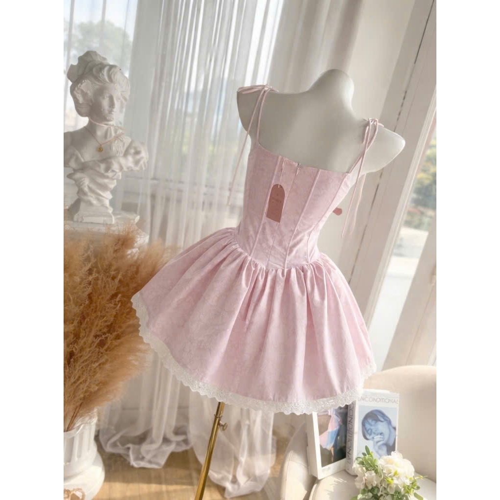 ĐẦM CORSET BABY PINK HAI DÂY PHỐI REN
