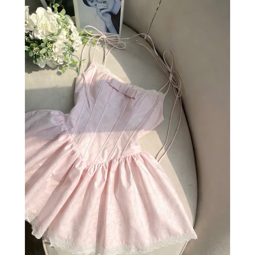 ĐẦM CORSET BABY PINK HAI DÂY PHỐI REN