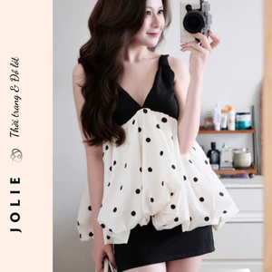Váy Đầm Dáng Bí Jolie Chấm Bi Phối Đen Trắng – Đầm Hai Dây Cổ V Dáng Xòe Phồng Tiểu Thư Sang Chảnh