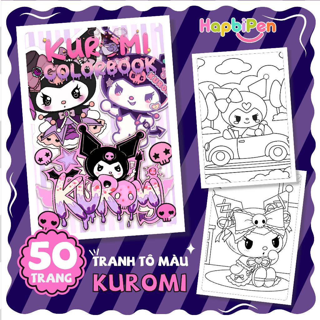 Tranh tô màu cho bé gái Sách tô màu với nhân vật Kuromi ngộ nghĩnh dễ thương giấy dày tờ rời