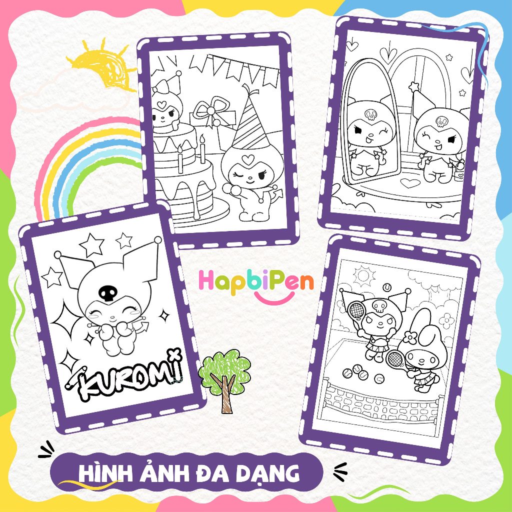 Tranh tô màu cho bé gái Sách tô màu với nhân vật Kuromi ngộ nghĩnh dễ thương giấy dày tờ rời