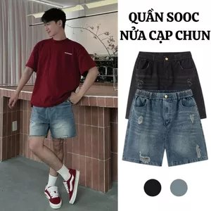 Quần Short Jean Nam FABUMAN Nửa Cạp Chun form ngắn trên gối, quần đùi chất bò không phai bigsize