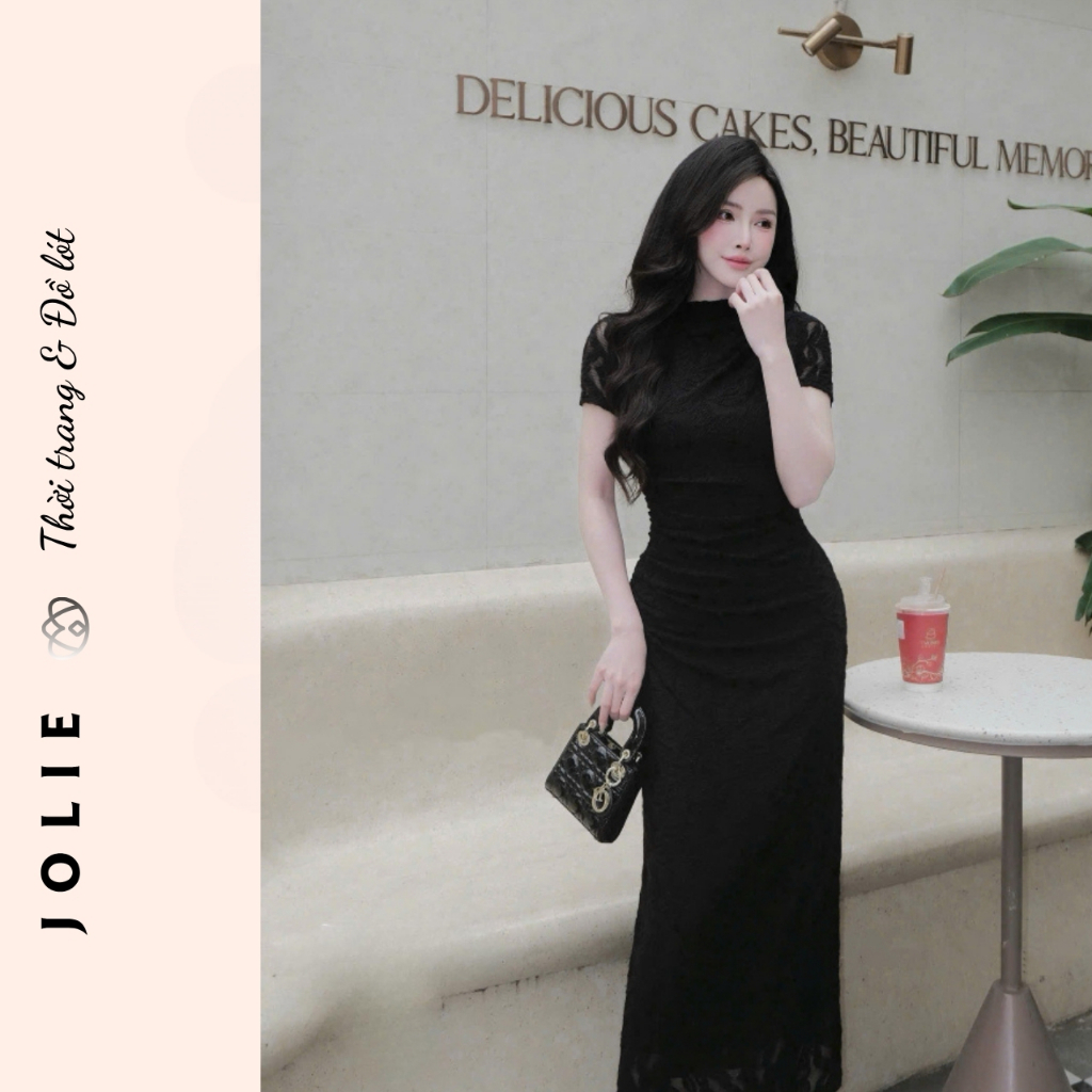 Đầm Ren Body Dáng Dài Jolie – Váy Ren Đen Cổ Cao Sang Trọng Dự Tiệc Quyến Rũ Thanh Lịch