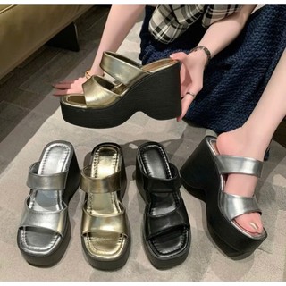 Dép nữ đế xuồng cao 9cm lượn sóng – quai đôi da mềm êm chân KT II GG VV