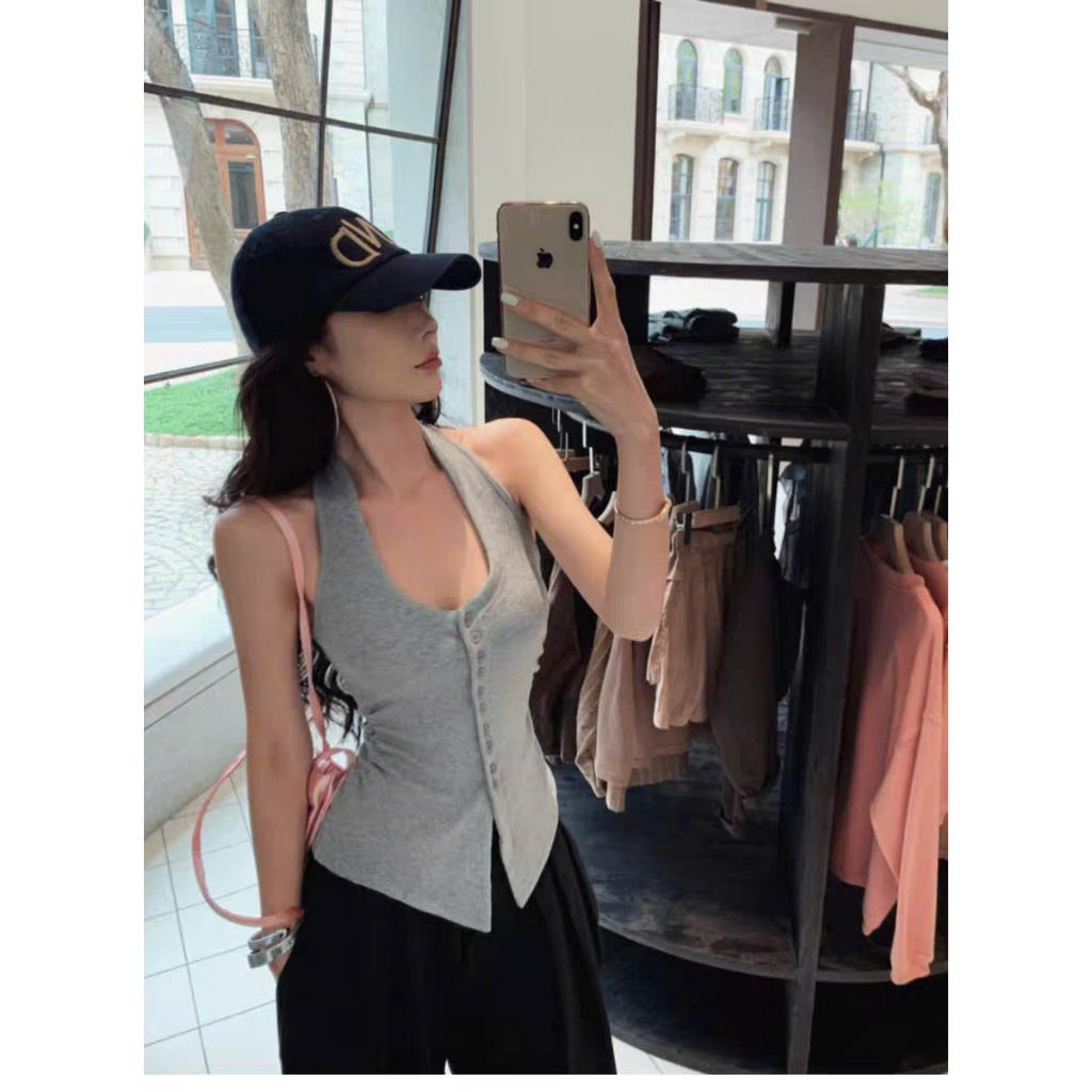[CÓ SIZE] Áo Ba Lỗ Cổ Yếm Phối Nút Cài Dáng Dài RANSHI Nhún Eo Ôm Body Chất Thun Cotton Mềm Mát - RA359