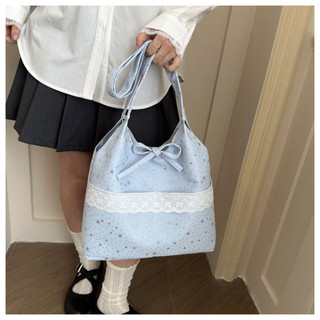 Túi tote vải nữ hoạ tiết phối ren xinh kèm dây buộc nơ vải Canvas chắc chắn túi xách xinh phong cách Hàn quốc 3 ngăn lớn