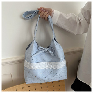 Túi tote vải nữ hoạ tiết phối ren xinh kèm dây buộc nơ vải Canvas chắc chắn túi xách xinh phong cách Hàn quốc 3 ngăn lớn