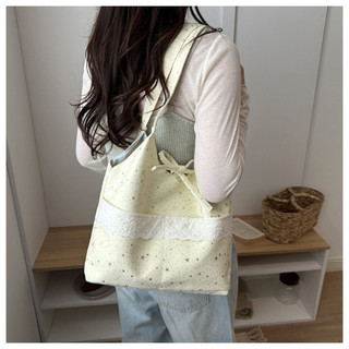 Túi tote vải nữ hoạ tiết phối ren xinh kèm dây buộc nơ vải Canvas chắc chắn túi xách xinh phong cách Hàn quốc 3 ngăn lớn