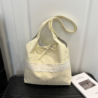 Túi tote vải nữ hoạ tiết phối ren xinh kèm dây buộc nơ vải Canvas chắc chắn túi xách xinh phong cách Hàn quốc 3 ngăn lớn