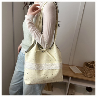Túi tote vải nữ hoạ tiết phối ren xinh kèm dây buộc nơ vải Canvas chắc chắn túi xách xinh phong cách Hàn quốc 3 ngăn lớn