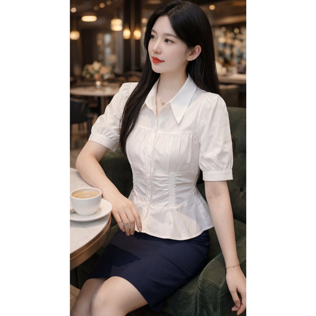 áo sơ mi cách điệu phối chiết eo, cộc tay thích hợp mặc đi làm đi chơi B1