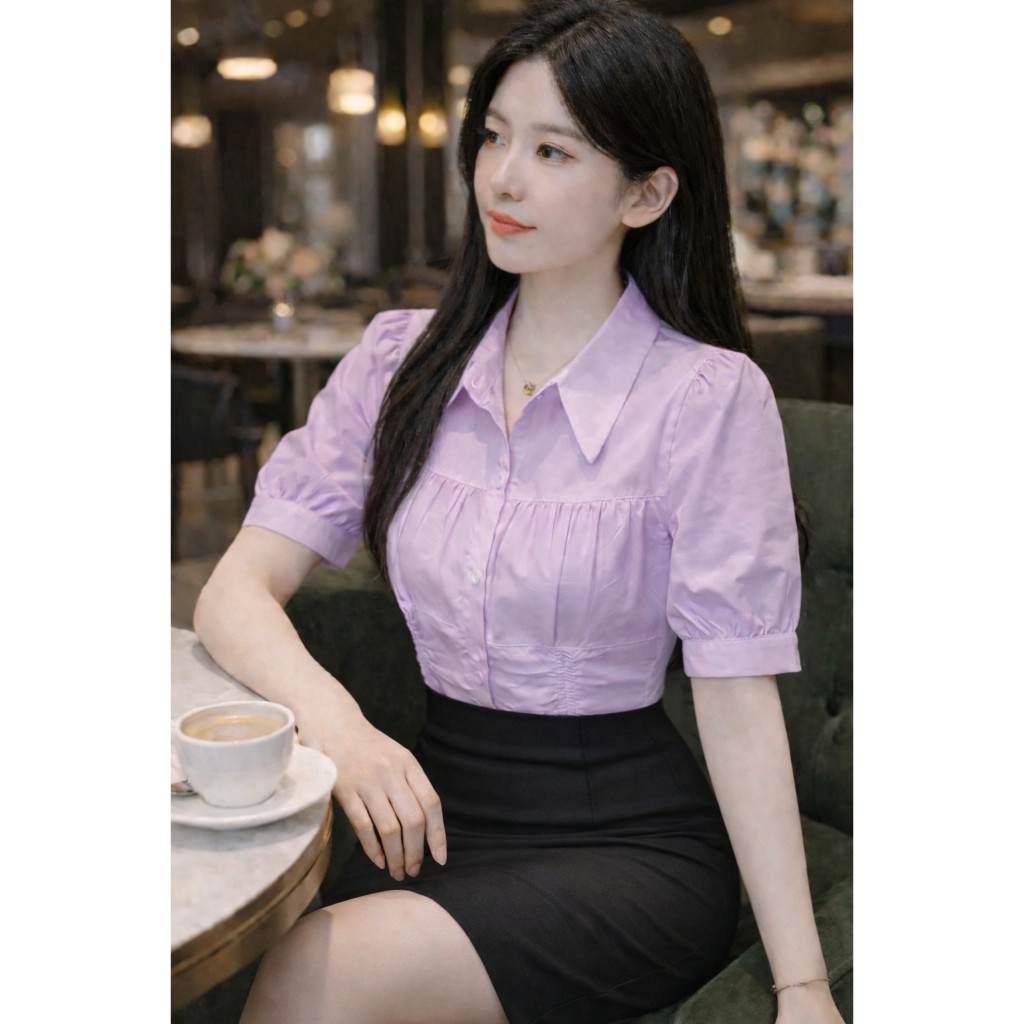 áo sơ mi cách điệu phối chiết eo, cộc tay thích hợp mặc đi làm đi chơi B1