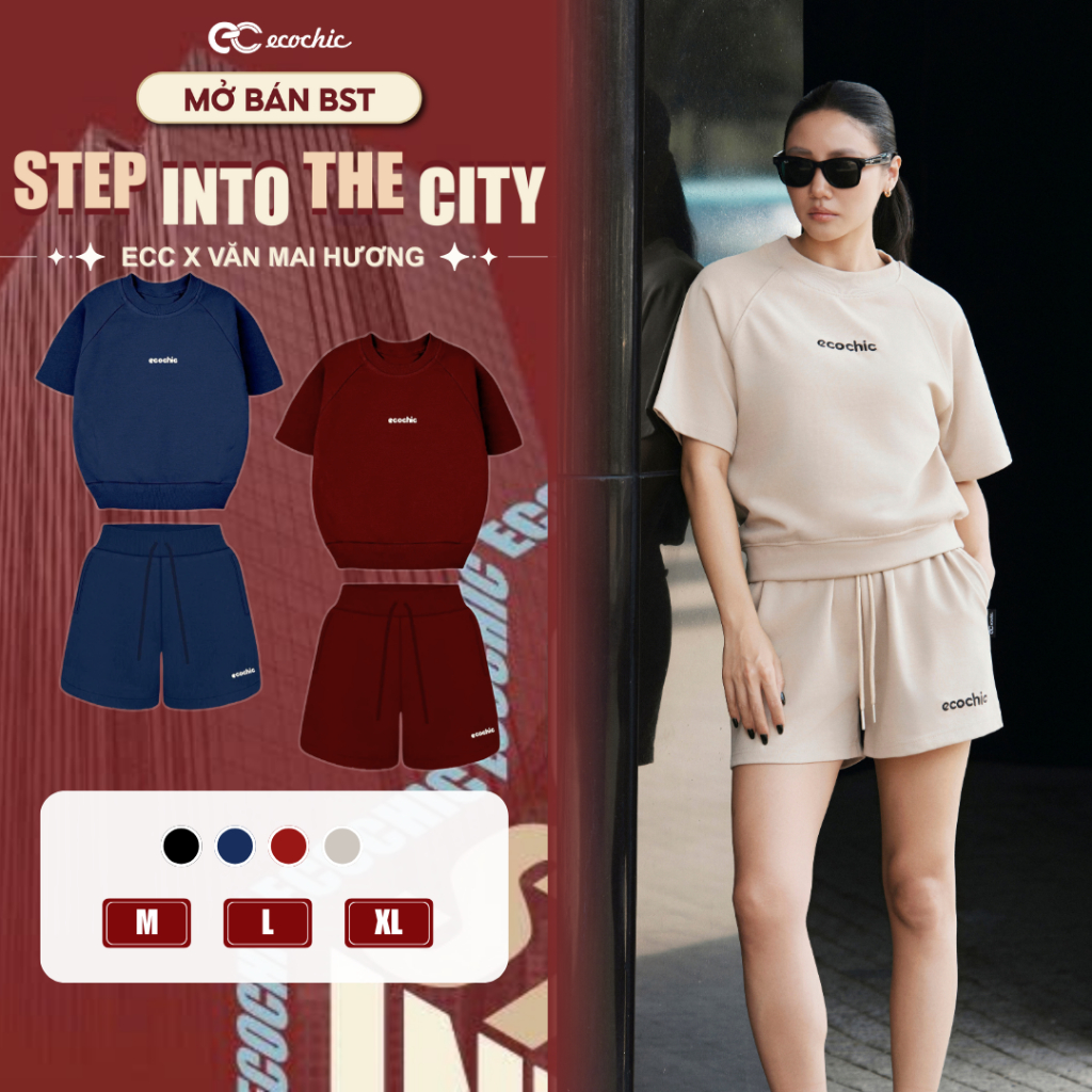 Set Bộ Đùi ECOCHIC B224 Áo Cổ Tròn Basic Logo Thêu Quần Ngắn Cạp Chun Chất Liệu Cao Cấp