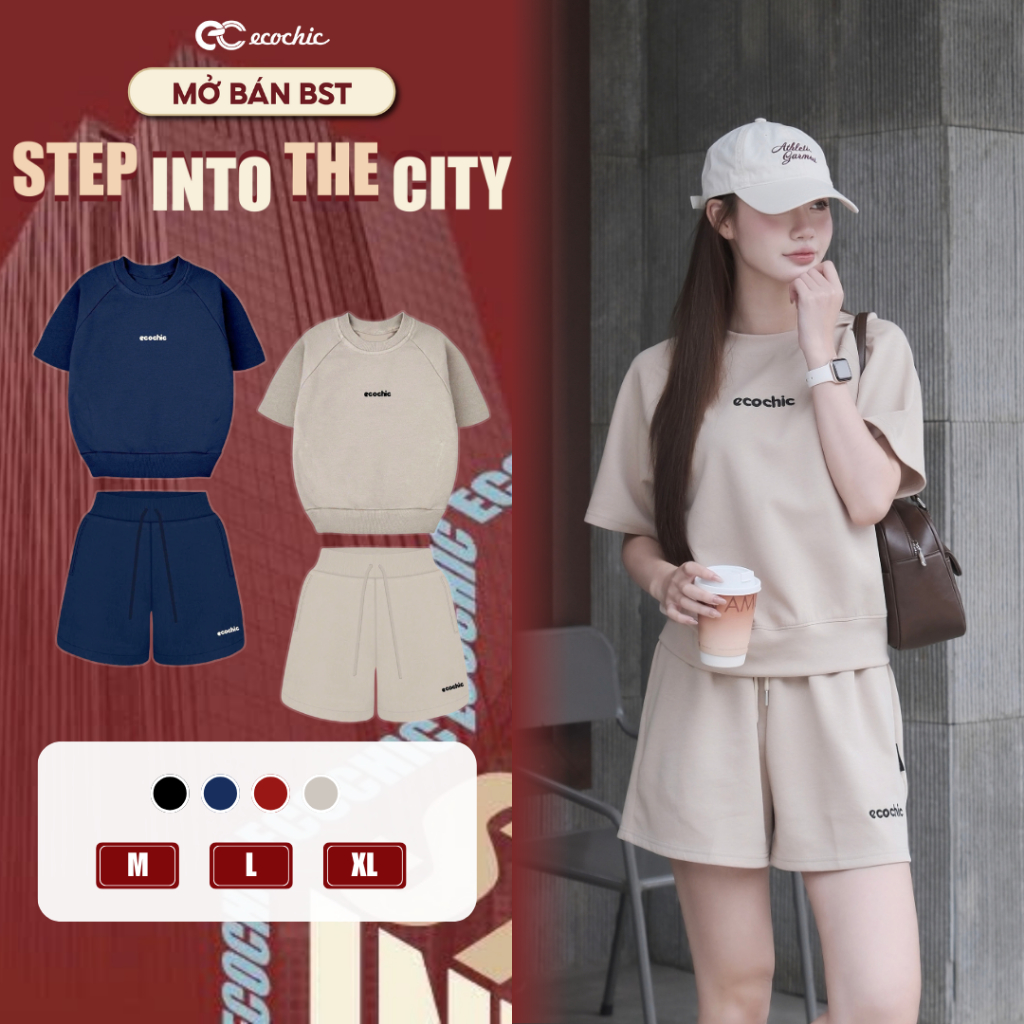 Set Bộ Đùi ECOCHIC B224 Áo Cổ Tròn Basic Logo Thêu Quần Ngắn Cạp Chun Chất Liệu Cao Cấp