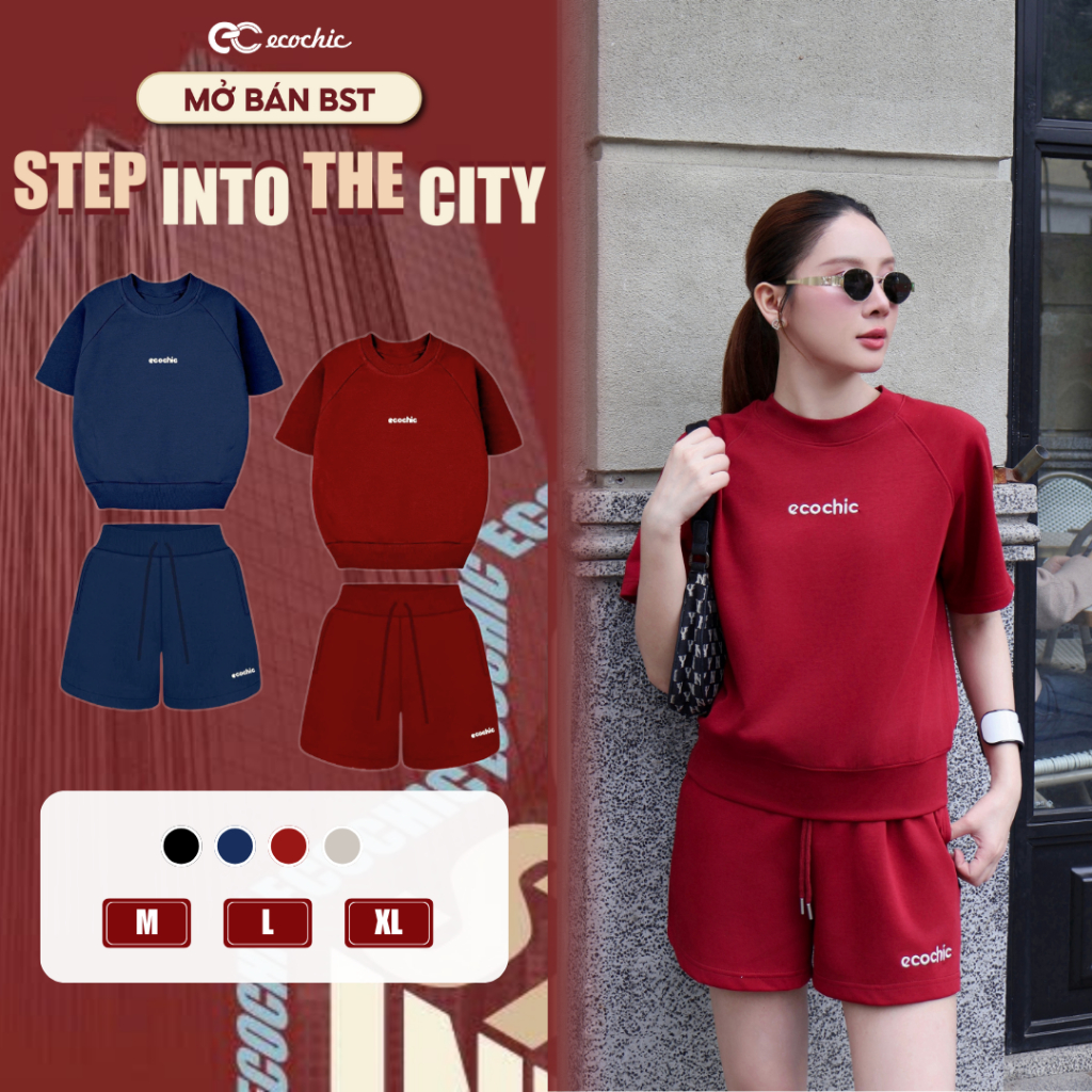 Set Bộ Đùi ECOCHIC B224 Áo Cổ Tròn Basic Logo Thêu Quần Ngắn Cạp Chun Chất Liệu Cao Cấp