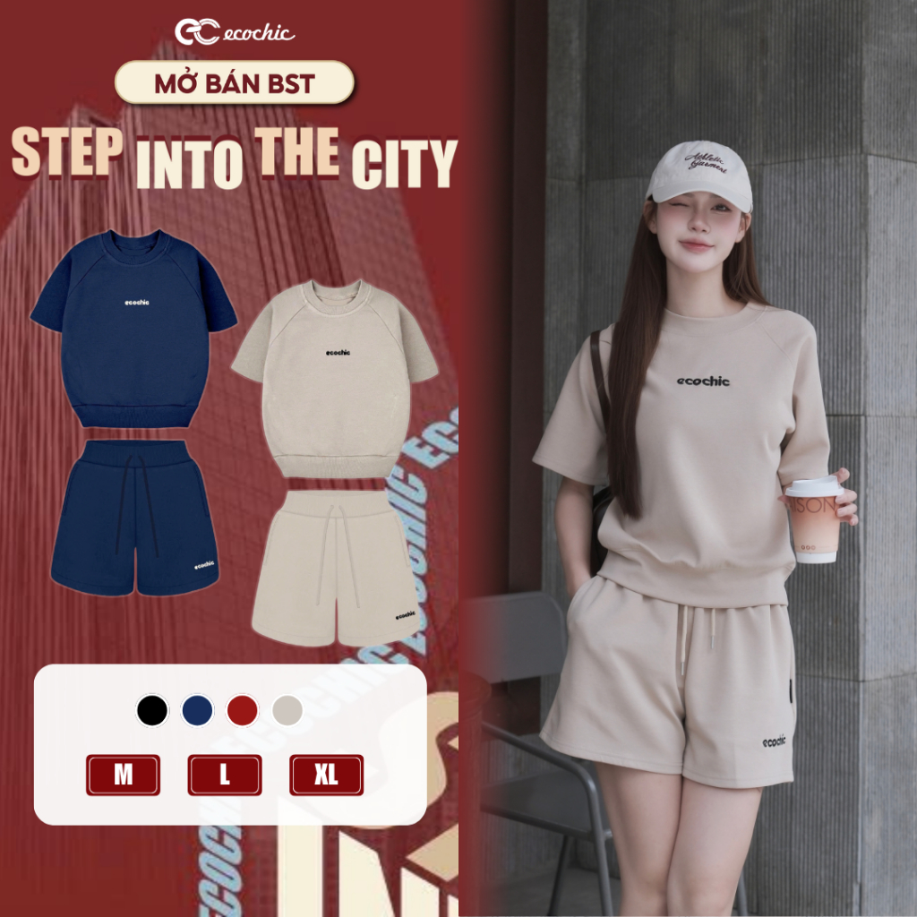 Set Bộ Đùi ECOCHIC B224 Áo Cổ Tròn Basic Logo Thêu Quần Ngắn Cạp Chun Chất Liệu Cao Cấp