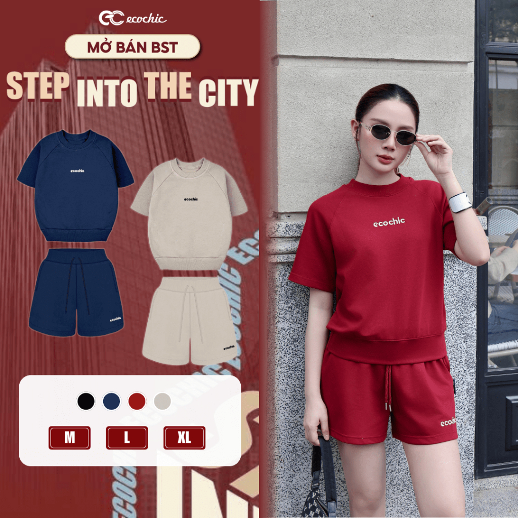 Set Bộ Đùi ECOCHIC B224 Áo Cổ Tròn Basic Logo Thêu Quần Ngắn Cạp Chun Chất Liệu Cao Cấp