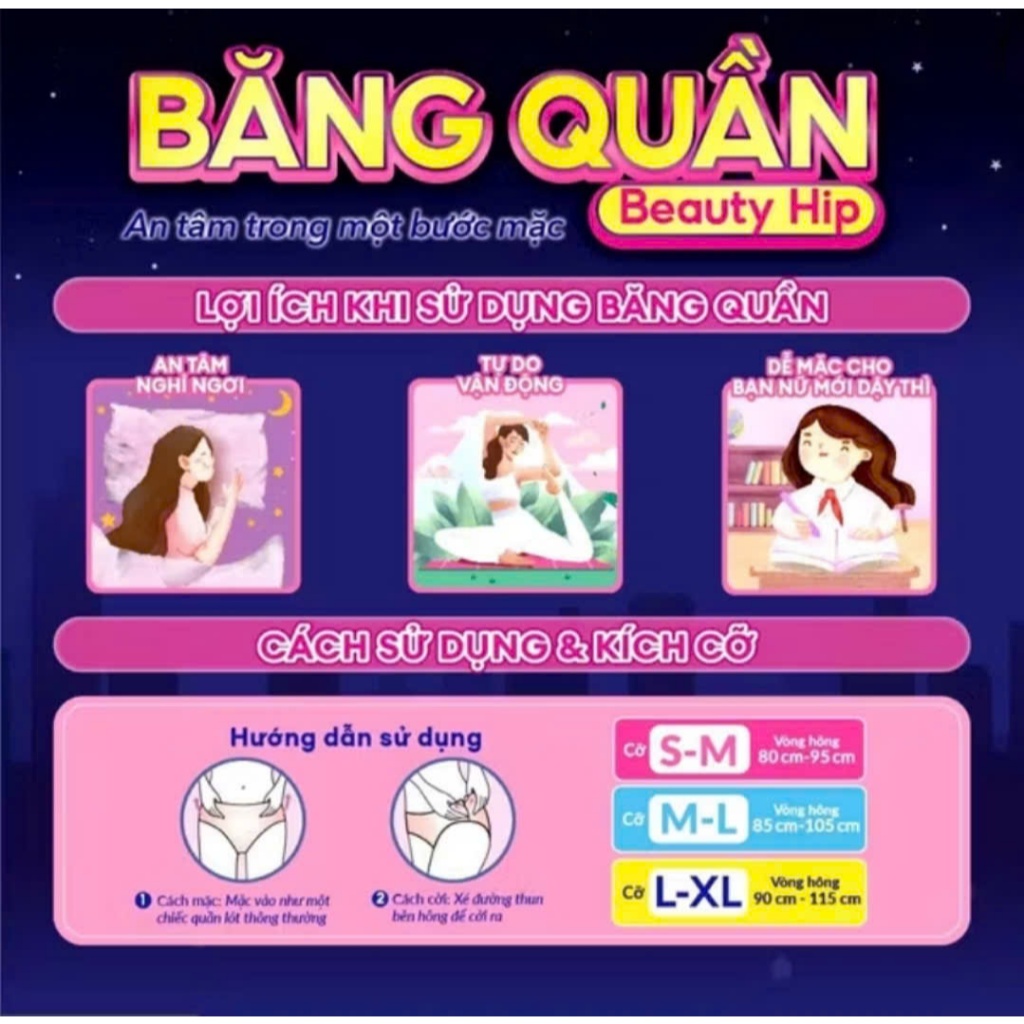 Băng vệ sinh Diana Beauty Hip Sensi ban đêm chống tràn dạng quần size S-M & M-L & L-XL
