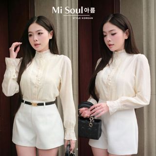 Áo Sơ Mi Nữ Cổ Bèo Tay Dài Cúc Ngọc 2 Lớp MiSoul 522 , Áo Trắng Sơ Mi Kiểu Chất Tơ Boi Thanh Lịch