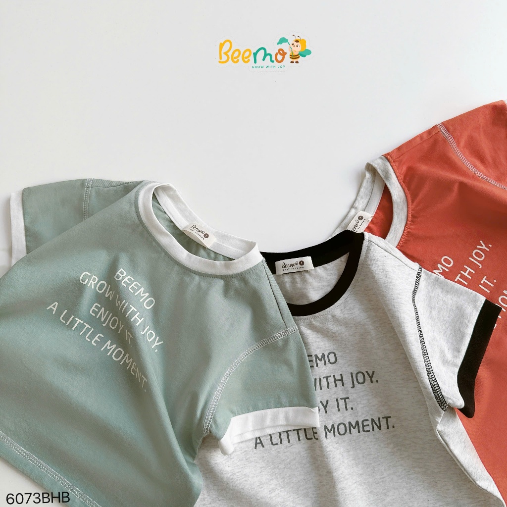 Set cotton cộc tay Beemo phối viền nổi bật họa tiết in chữ cá tinh cho bé trai 9-24kg