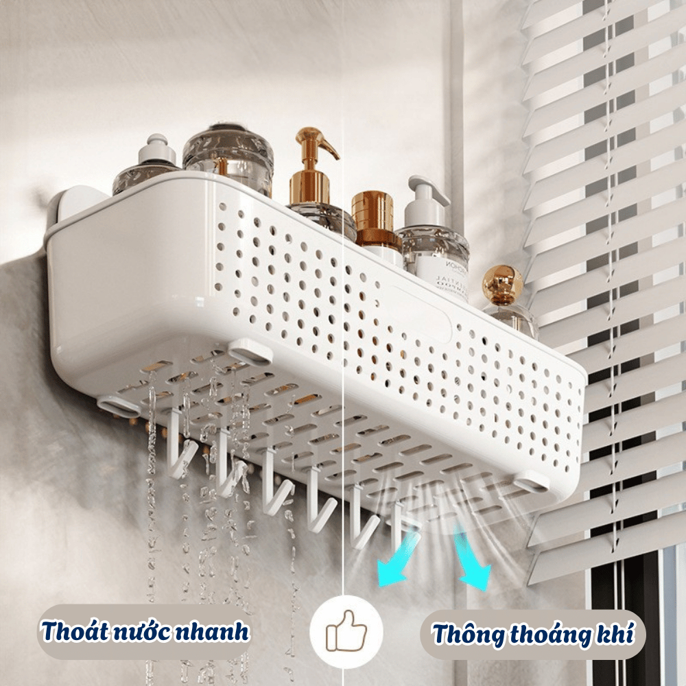 Kệ Nhà Tắm Treo Tường Có Móc, Kệ Đựng Mỹ Phẩm Dán Tường Không Khoan, Nhựa Cao Cấp Thoát Nước Nhanh
