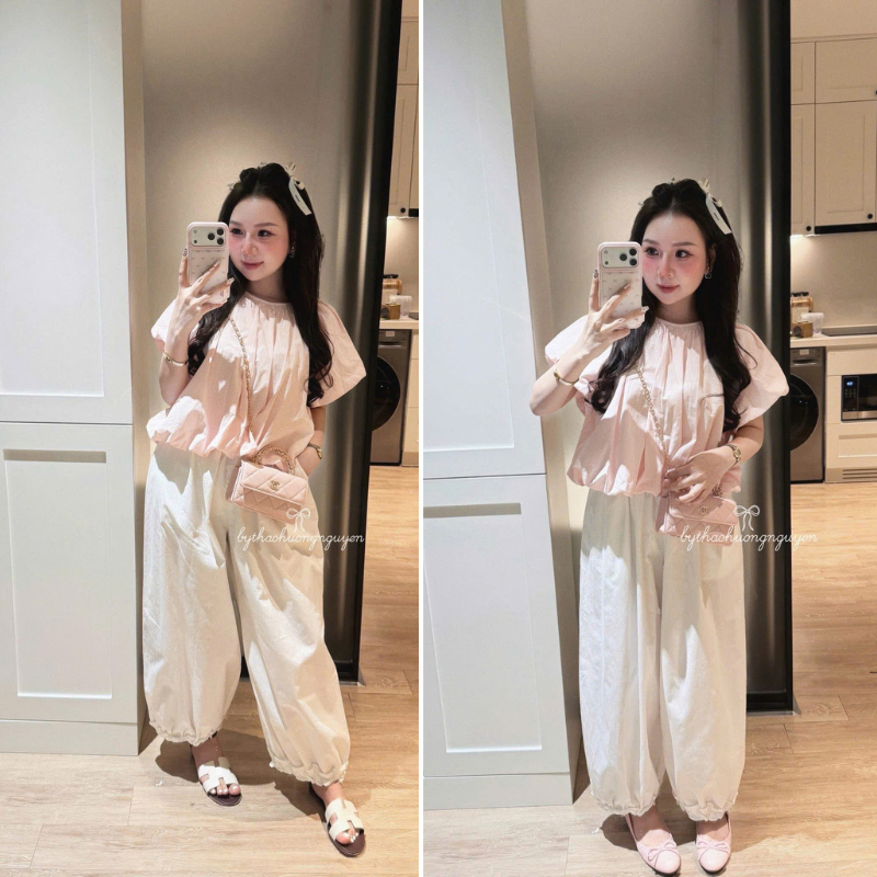 ZIMM STORE-Set Đồ Đi Chơi Dễ Thương Áo Hồng Pastel Phối Quần Trắng