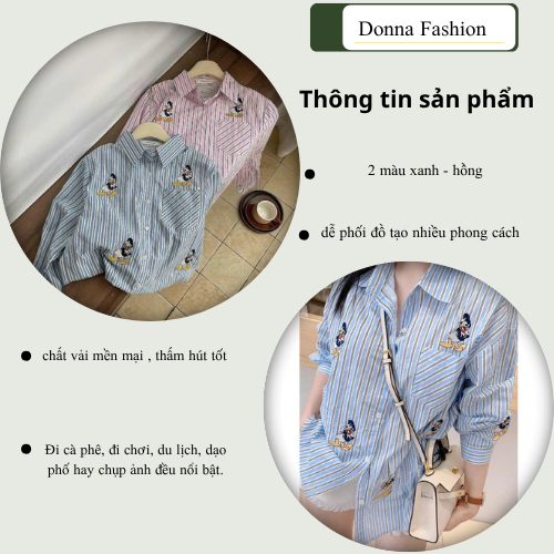 Áo sơ mi nữ, áo nữ DONNA HCOM25568 tay dài kẻ sọc hoạ tiết vịt donal xinh xắn, dễ phối đồ