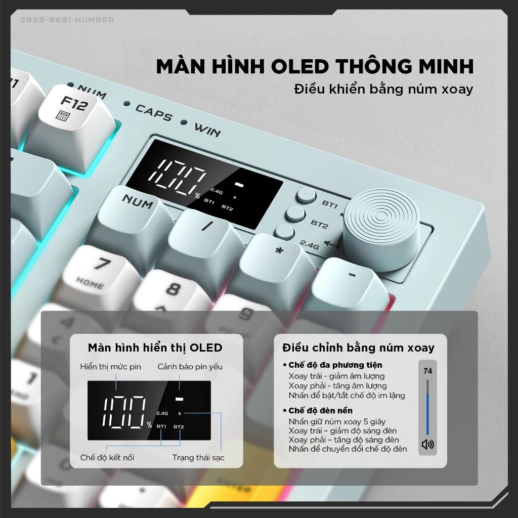 Bàn phím giả cơ ONIKUMA G80 Không dây Bluetooth5.0 LED RGB 2000mAh cho máy tính/laptop/IPAD Bàn phím im lặng văn phòng