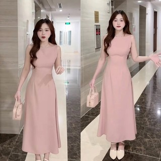 Váy thiết kế hai dây  cổ thuyền dáng dài xoè tôn eo màu pastel thanh lịch tiểu thư sang chảnh