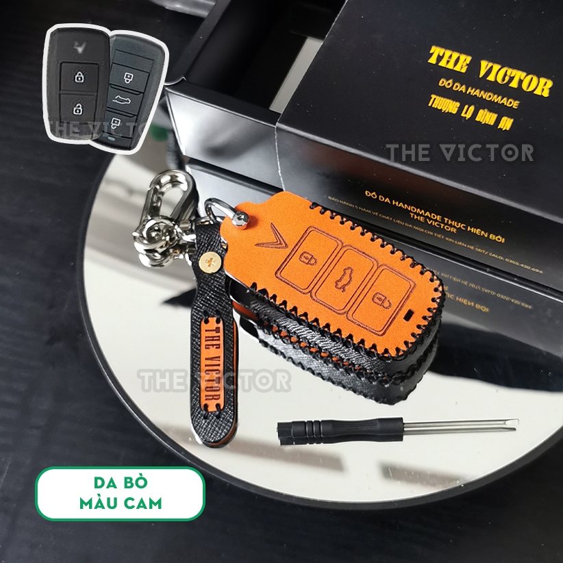 Bao Da Chìa Khoá Vf3, Vf5, Limo Green ( loại 2 nút, 3 nút bấm) - Da Bò Khâu Tay