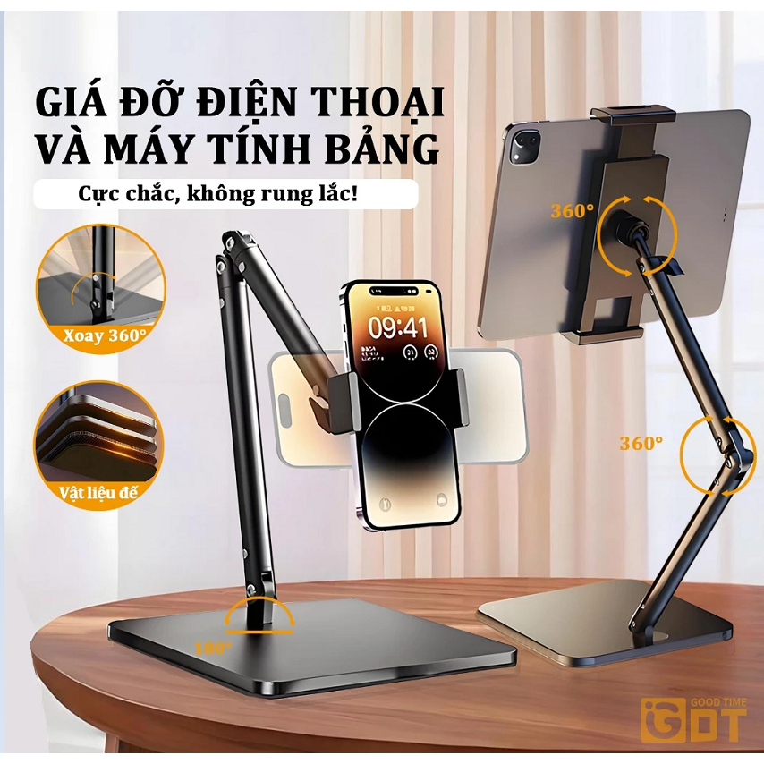 Giá đỡ điện thoại, ipad, máy tính bảng hợp kim nhôm cao cấp, Đế đúc chắc chắn 4 trục xoay 360° chống rung, gấp gọn