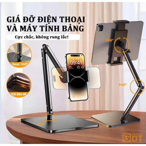 Giá đỡ điện thoại, ipad, máy tính bảng hợp kim nhôm cao cấp, Đế đúc chắc chắn 4 trục xoay 360° chống rung, gấp gọn