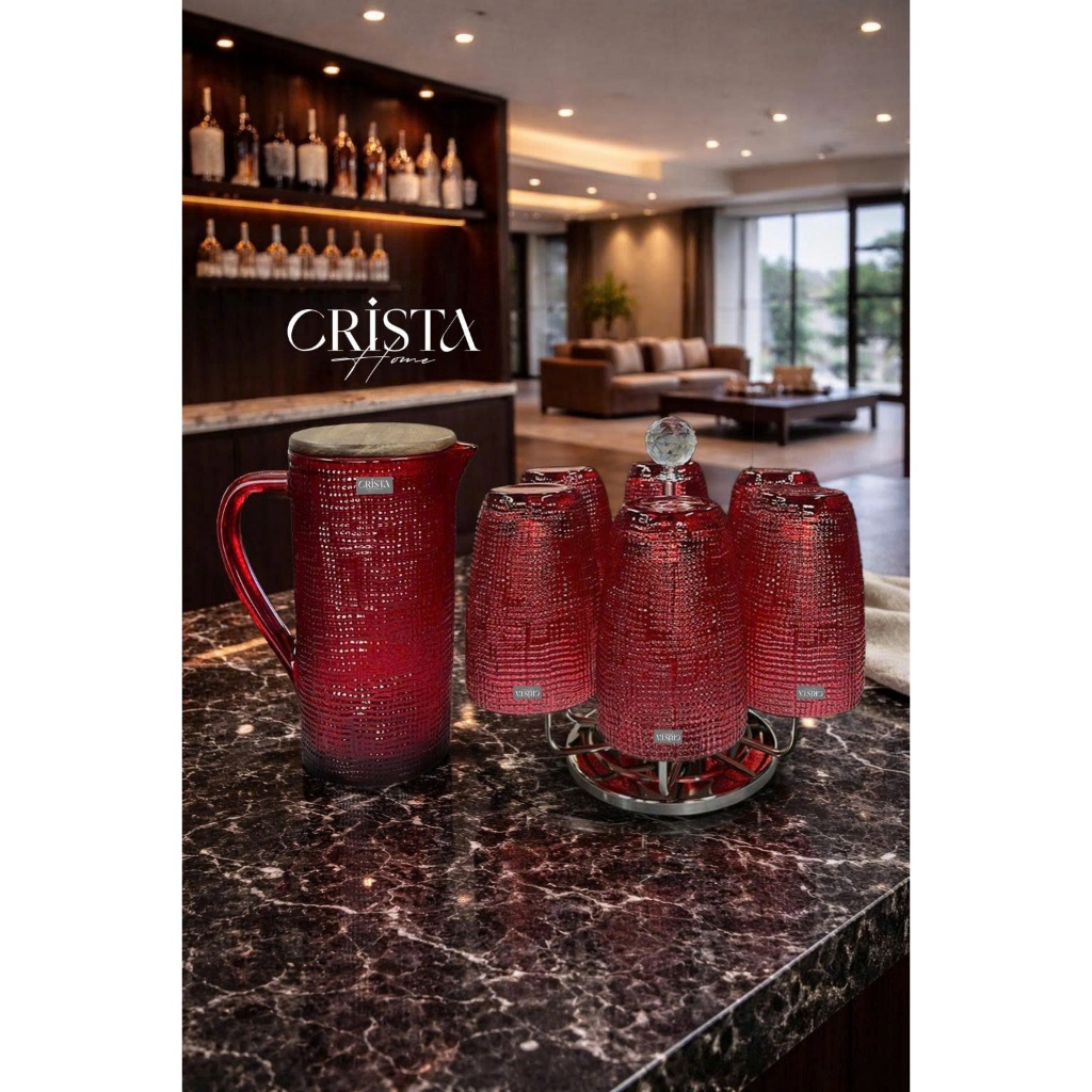 BỘ SƯU TẬP LY, CỐC, BÌNH THUỶ TINH VÂN LƯỚI ĐỎ RUBY CRISTA HOME CAO CẤP