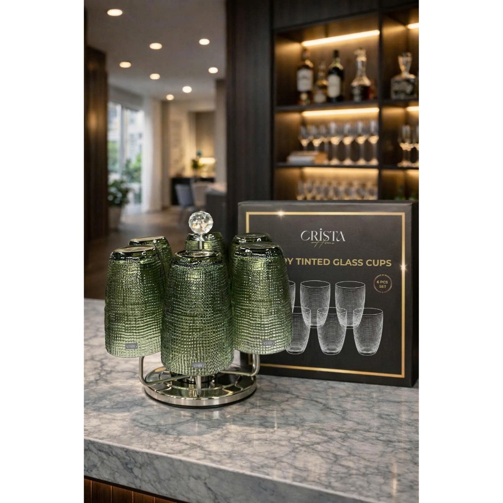 BỘ SƯU TẬP VÂN LƯỚI LY, CỐC, BÌNH VÂN LƯỚI THUỶ TINH XANH OLIVE CRISTA HOME CAO CẤP