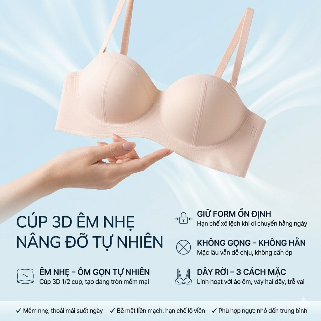 [SANTONY x HƯƠNG GIANG] Áo Lót nữ Áo Bra Nữ Nâng Ngực Không Gọng 3 trong 1- Công Nghệ Đúc Su Liền Khối - Cúp 3D