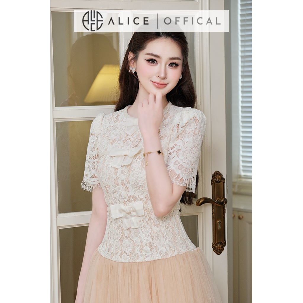 Váy Ren Dự Tiệc Cao Cấp Alice Dáng Ngắn, Đầm Đính Nơ Ngực Phối Tùng Lưới Bồng Bềnh V1459