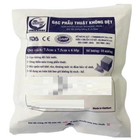 Gạc phẫu thuật An Lành 7.5cmx7.5cmx6 lớp. Gạc phẫu thuật không dệt An Lành mềm mịn và thấm hút tốt
