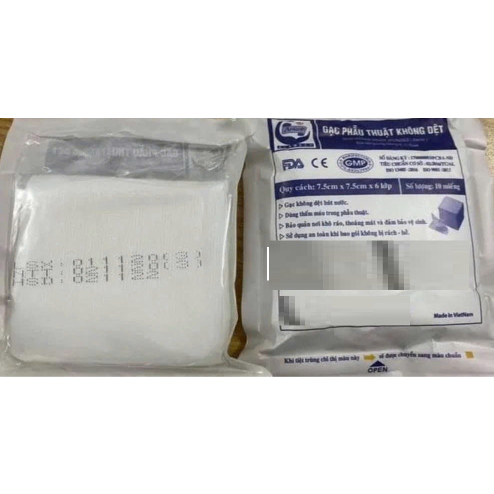 Gạc phẫu thuật An Lành 7.5cmx7.5cmx6 lớp. Gạc phẫu thuật không dệt An Lành mềm mịn và thấm hút tốt