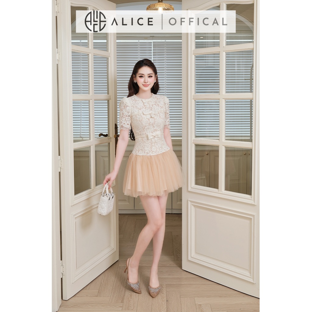 Váy Ren Dự Tiệc Cao Cấp Alice Dáng Ngắn, Đầm Đính Nơ Ngực Phối Tùng Lưới Bồng Bềnh V1459