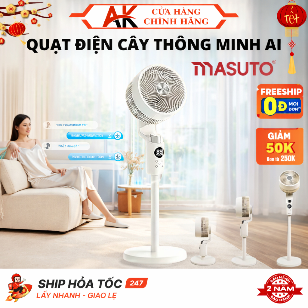 Quạt Điện Cây Masuto Thông Minh AI Điều Khiển Bằng Giọng Nói, Giúp Điều Hòa Không Khí Bảo Hành 2 Năm