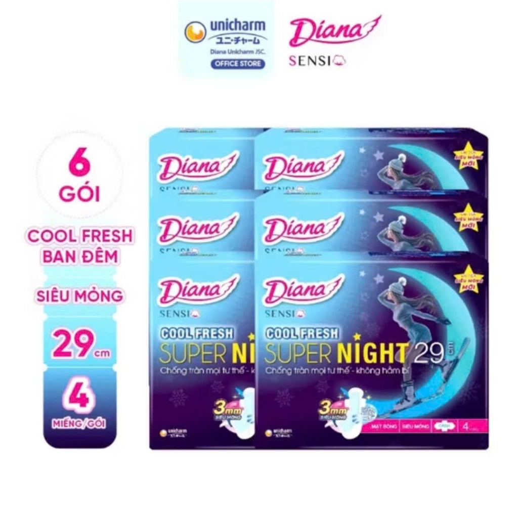 [Combo 6 gói] Băng Vệ Sinh Diana Ban Đêm Sensi Cool Fresh Supernight 29/35cm