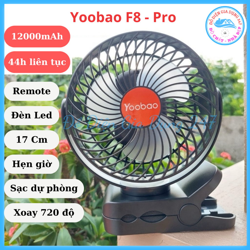 Quạt tích điện Yoobao F8 Pro 12000mAh Pin 44H quạt kẹp để bàn gió mạnh có Đèn Led Kiêm Sạc Dự Phòng
