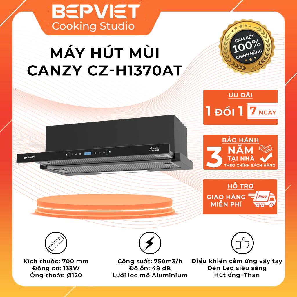 Hút mùi Canzy CZ-H1370AT Chính hãng điều khiển cảm ứng vẫy tay cống suất cao, hút khử trực tiếp qua than hoặc dẫn ống