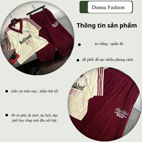 Set đồ nữ, đồ bộ nữ DONNA HCOM25534 áo cổ V phối 2 màu mix quần suông dài dáng thể thao trẻ trung