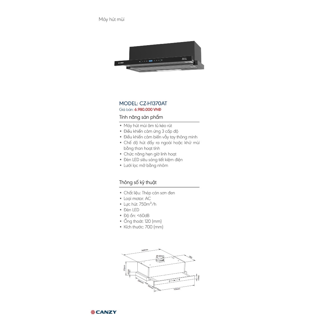 Hút mùi Canzy CZ-H1370AT Chính hãng điều khiển cảm ứng vẫy tay cống suất cao, hút khử trực tiếp qua than hoặc dẫn ống